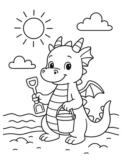 Coloring page of a dragon with a bucket and shovel at the beach, designed for preschoolers.