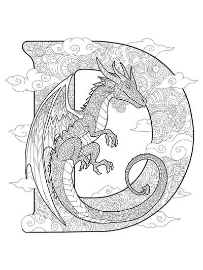 Letter D entwined with a detailed dragon, clouds, and fantasy patterns for preschool coloring.