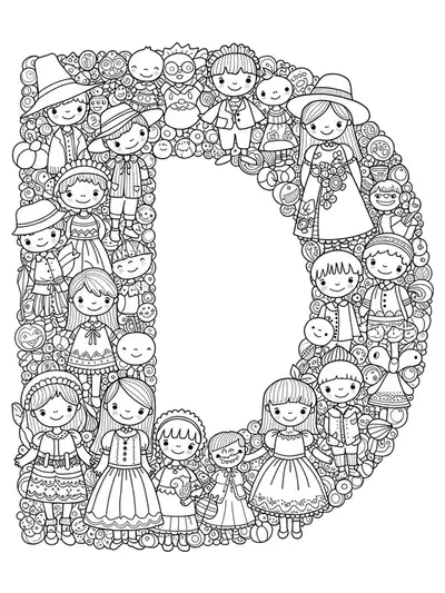 Letter D with children in fancy dresses, hats, and accessories with complex patterns for preschool coloring.