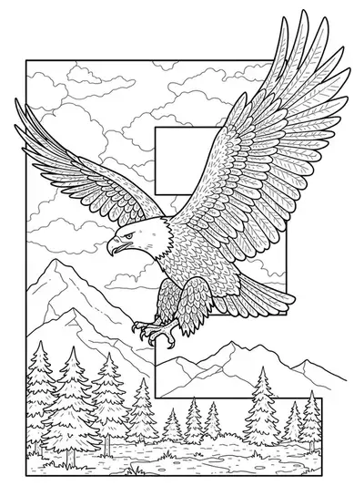 Printable coloring page with an eagle flying over mountains and the letter E for elementary children.