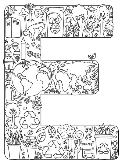 Earth Day themed coloring page with globe, recycling, trees, and the letter E for elementary children.
