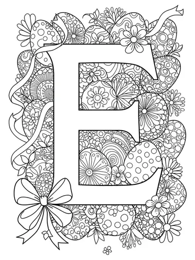 Intricate line art of letter E with decorative Easter eggs, detailed patterns for hard preschool coloring