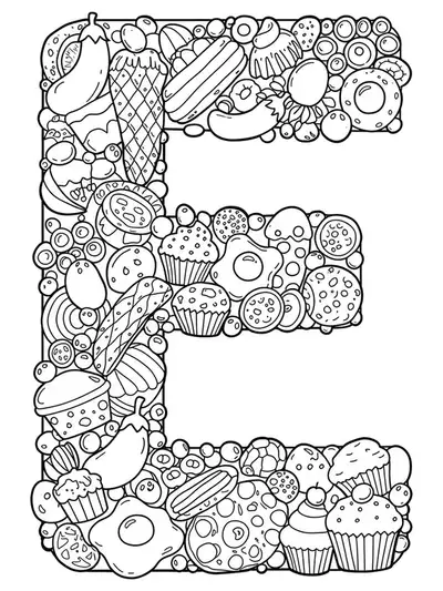 Detailed line art of the letter E with various foods like eggs, eclairs, eggplants, and cupcakes