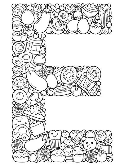 Coloring page of the letter E surrounded by foods like eggs, eggplant, and eclairs for elementary children.