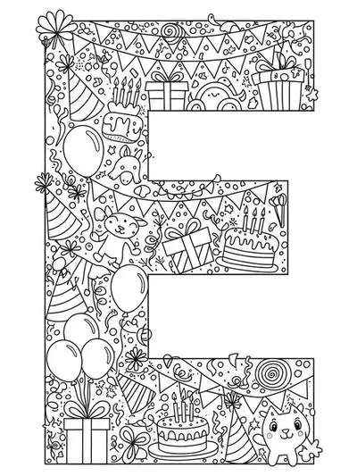 Detailed black and white line drawing of the letter E with party decorations, cakes, and balloons