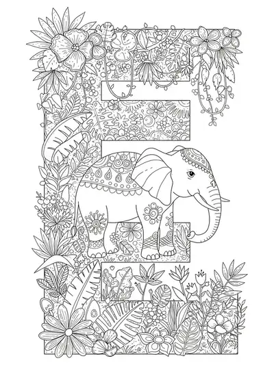 Detailed line art of a large letter E with an elephant and jungle plants, hard preschool coloring page