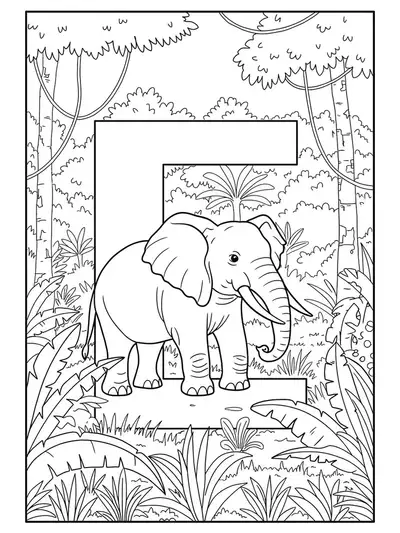 Printable coloring page of the letter E with an elephant in a jungle setting for elementary kids.