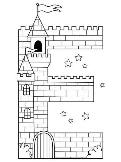 Complex line art of the letter E with an enchanted castle, towers, and stars, for preschool coloring