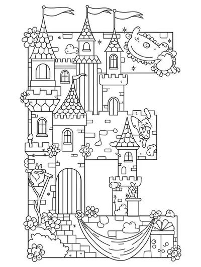 Printable coloring page with an enchanted castle and the letter E for elementary fantasy lovers.