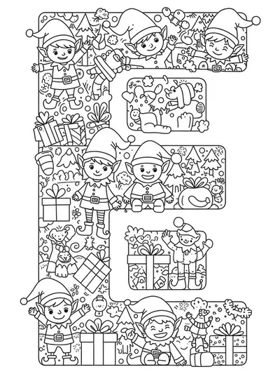 Intricate line illustration of the letter E with several playful elves and detailed accessories
