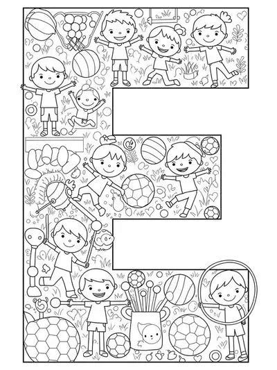 Complex line art of the letter E with children doing exercises and gym equipment, hard preschool coloring page