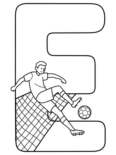 Letter E coloring page featuring a soccer player kicking a ball into a net, for elementary kids.
