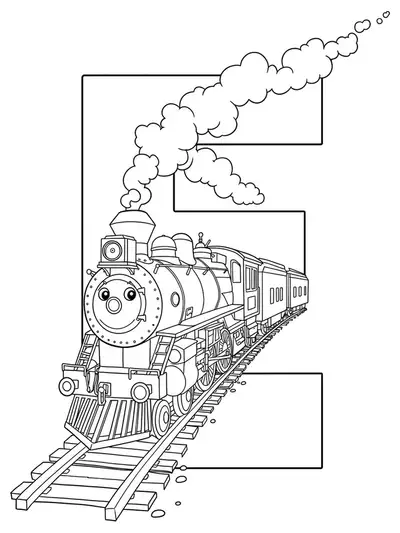 Printable coloring page of a train engine and letter E, with fun vehicle details for elementary kids.