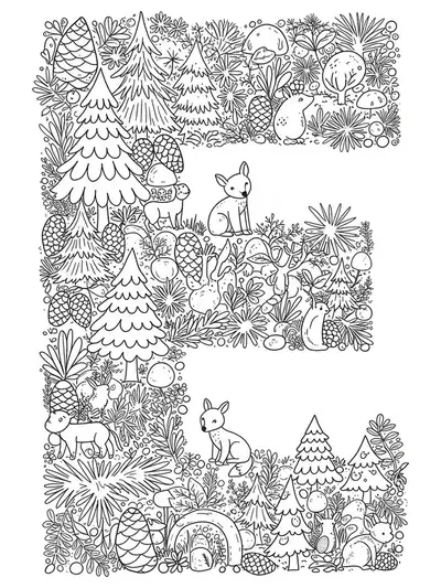 Intricate line drawing of the letter E surrounded by evergreen trees, pine cones, snowflakes, and animals