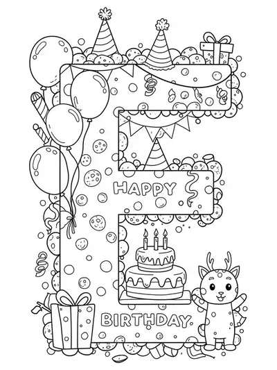 Printable coloring page of balloons, cake, party hats, and the letter E for elementary birthday celebrations.