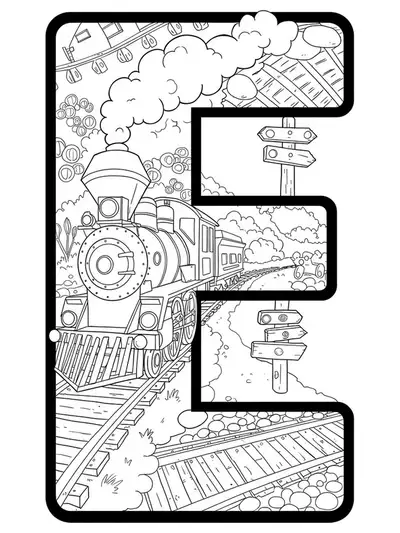 Detailed line drawing of the letter E combined with a complex train engine, tracks, and railway details