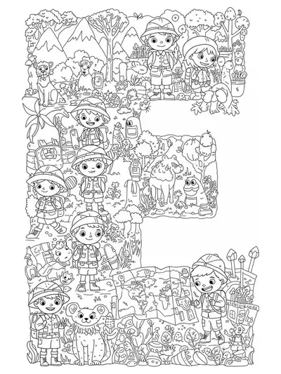 Intricate line art of the letter E with children explorers, hats, backpacks, maps, and natural scenery