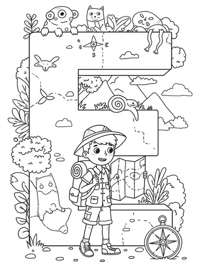 Letter E coloring page with a young explorer, backpack, map, and compass for elementary children.