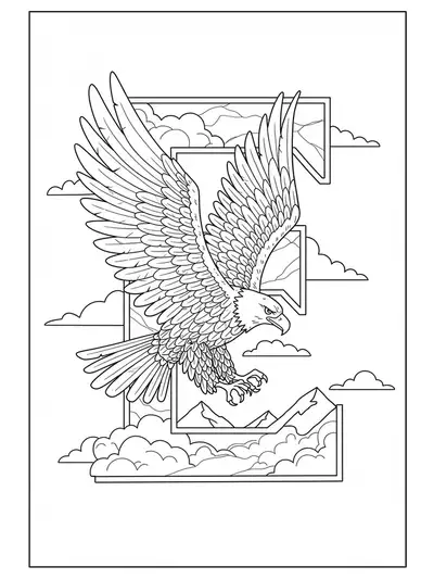 Letter E embellished with eagle wings, feathers, clouds, and detailed mountain landscapes beneath.
