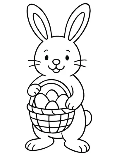 Simple line art of a smiling Easter Bunny holding a basket filled with eggs.