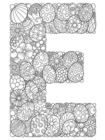 Detailed letter E surrounded by intricately patterned Easter eggs, flowers, and festive spring decorations.