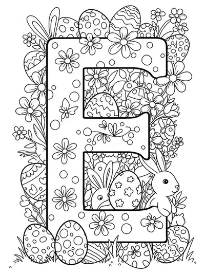 Medium detail coloring page with letter E, Easter eggs, bunnies, and spring flowers for kids.