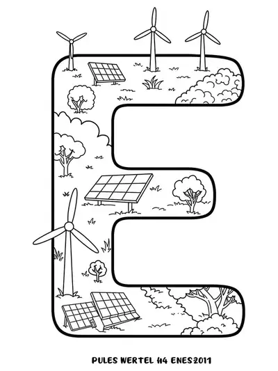 Easy coloring page with letter E, solar panels, and wind turbines