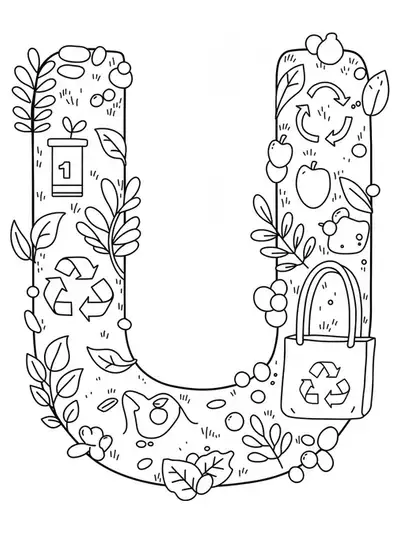 Letter U decorated with simple sustainability symbols like leaves and recycling arrows, easy to color.