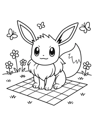 Eevee sitting on a picnic blanket with flowers and butterflies around in a spring meadow