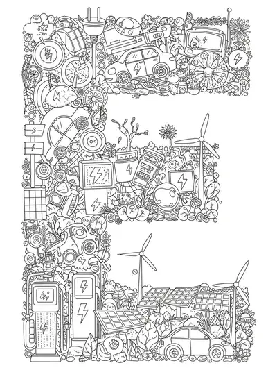 Letter E decorated with electric cars, charging stations, wind turbines, and solar panels, all in intricate detail.