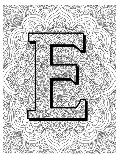 Simple mandala design with the letter E in the center, easy outline for adults