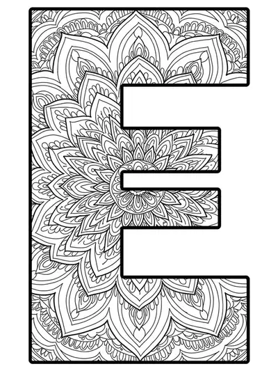 Mandala-themed letter E with intricate symmetrical patterns and geometric shapes in black and white line art.