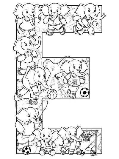 Complex letter E with elephants wearing sports gear, playing soccer, basketball, and jump rope, surrounded by detailed sports equipment.