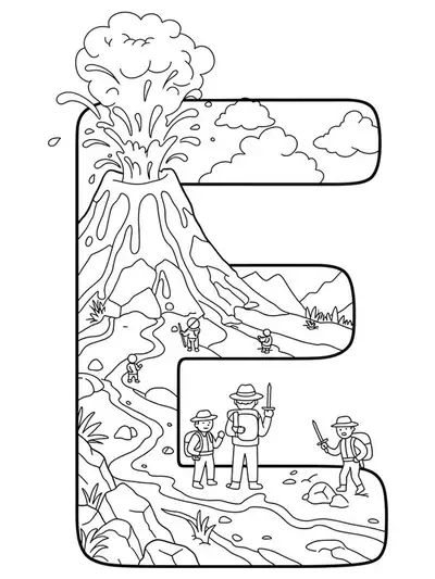 The letter E in front of an erupting volcano, with detailed lava, rocks, smoke, and small explorer figures.