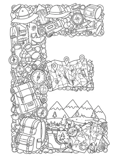 Letter E bordered with explorer equipment like maps, compasses, backpacks, and intricate nature landscapes.