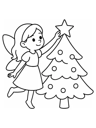 Simple coloring page of a fairy placing a star on a Christmas tree, large shapes and easy lines for preschool kids.