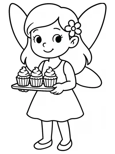 Simple coloring page showing a fairy holding a tray of cupcakes, easy for preschool children.