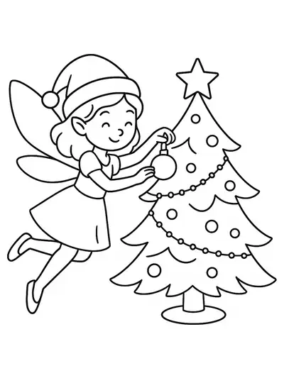 Easy coloring page of a Christmas fairy decorating a tree for elementary children