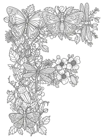 Letter F with detailed butterflies, beetles, and insect-inspired patterns.