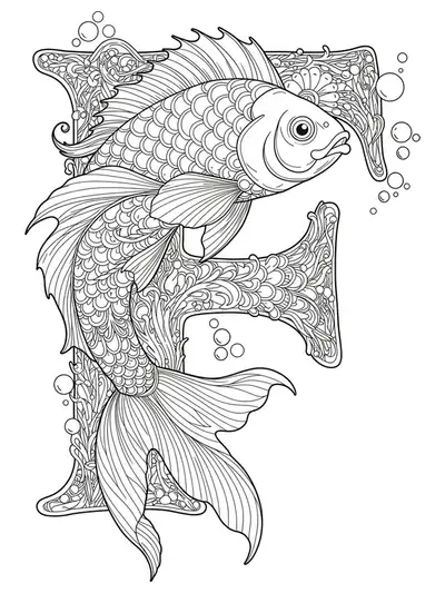Letter F decorated with intricate fantasy fish and aquatic motifs.