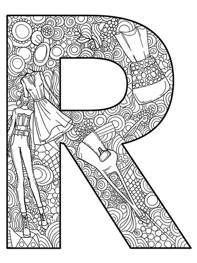 Letter R decorated with high-fashion patterns, runway lights, and clothing sketches for a hard coloring page.