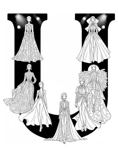 Letter U filled and bordered with detailed models, fabric textures, and runway lights for a high-fashion teen coloring experience.