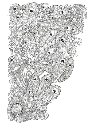 Letter F decorated with complex patterns of exotic feathers.