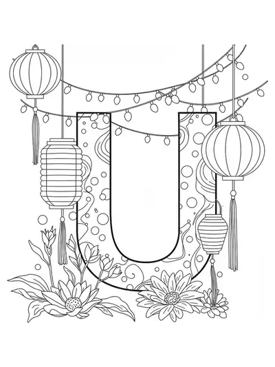 Letter U surrounded by hanging festival lanterns and string lights, with medium detail for teens.