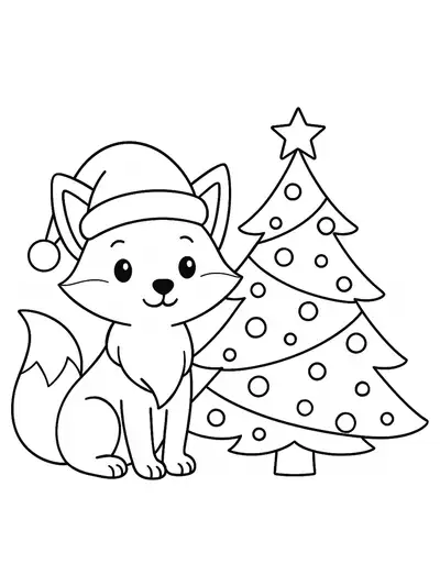 Easy Christmas coloring page with a fox in a Santa hat beside a Christmas tree.