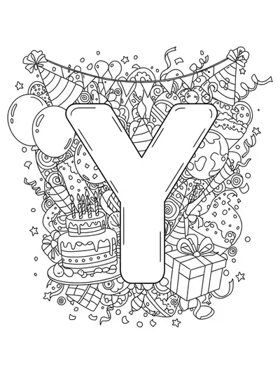 A hard coloring page featuring the letter Y at the center of a birthday party scene with balloons, cake, and presents.