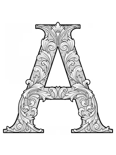 Highly detailed letter A with Art Nouveau floral and vine motifs, intricate adult coloring page.