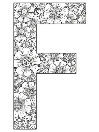 Simple floral letter F coloring page for adults with easy, large flower outlines.