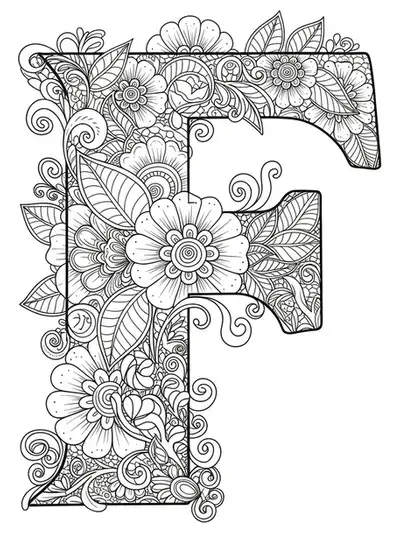 Intricate mandala flower patterns woven around the letter F for adult coloring.