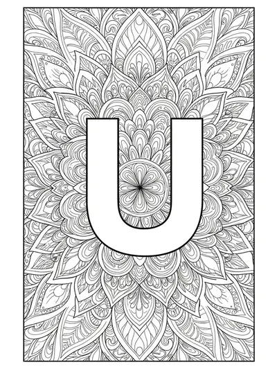 Large letter U decorated with simple floral mandala patterns, easy to color.